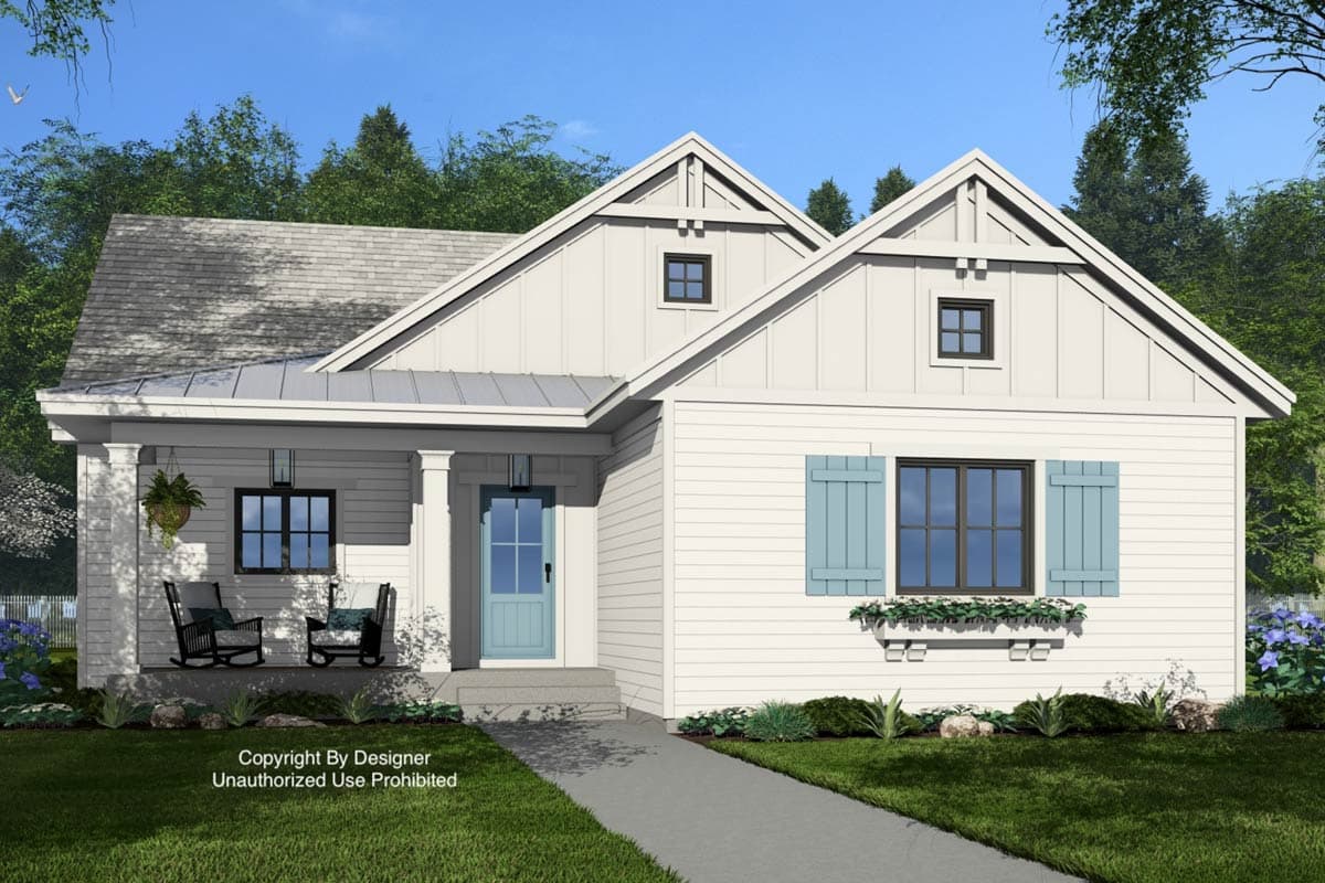 House plan exterior: Modern Farmhouse style, one story, with a covered front porch, gable accents and board-and-batten siding.