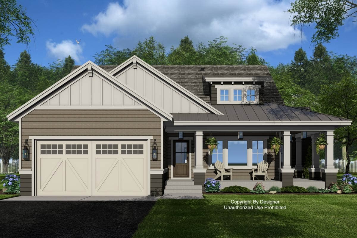House plan exterior: Modern Farmhouse style, two stories, double garage, gable with vertical siding, and covered front porch.