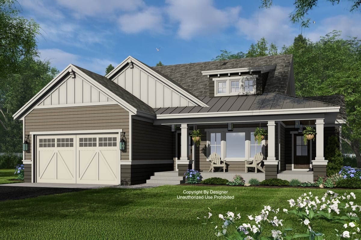 House plan exterior: Modern Farmhouse style with a covered front porch, prominent gables, and a two-car garage.