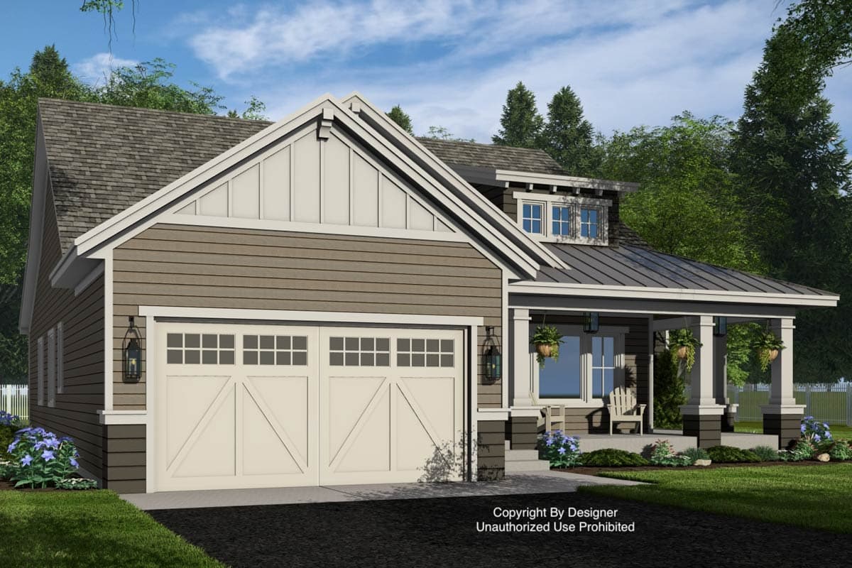 House plan exterior: Two-story Modern Farmhouse with gable dormer, covered porch with square columns, and a side-entry two-car garage.