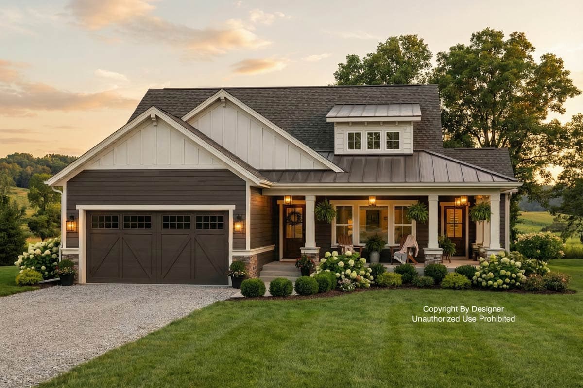 A craftsman-style house with dark brown siding, a covered porch, and a gray shingled roof, set on a lush green lawn with a gravel driveway.