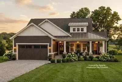 Single-Story Country House Plan with Wrap-Around Front Porch - 1717 Sq Ft
