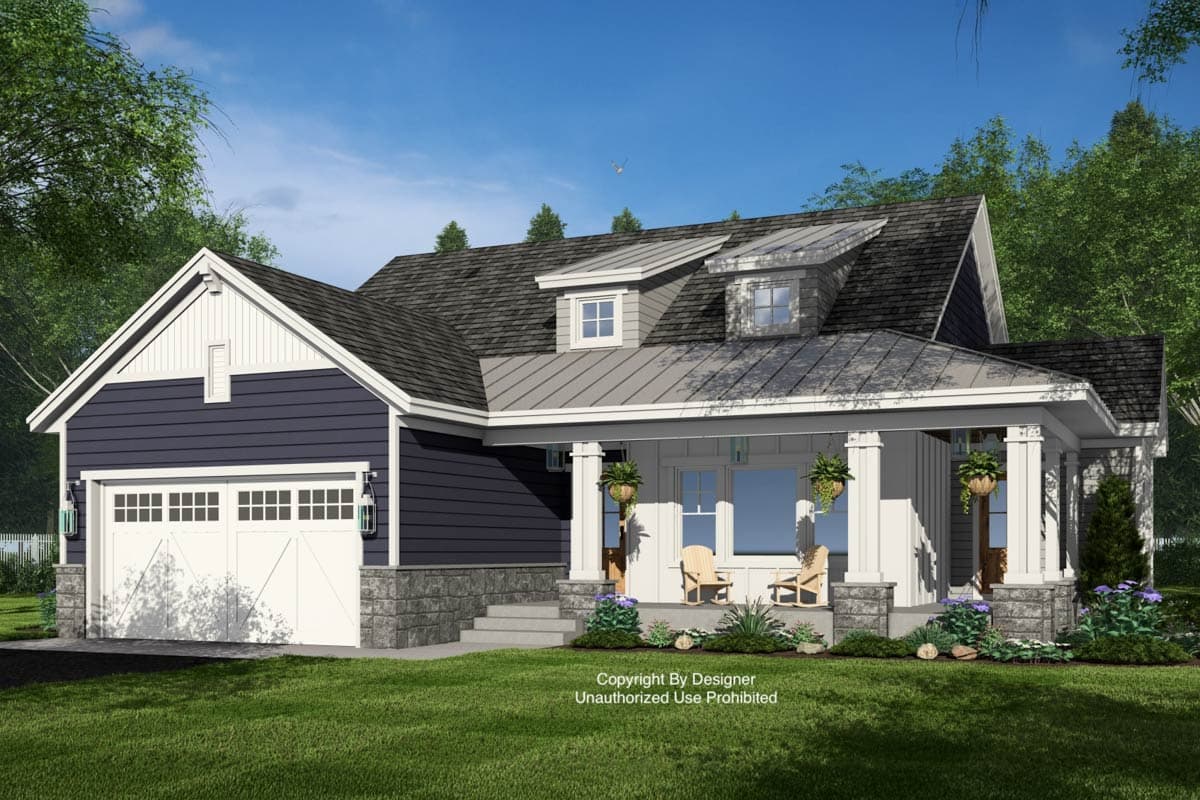House plan exterior: Modern Farmhouse style, one story, two-car garage, covered front porch with columns, dormers.