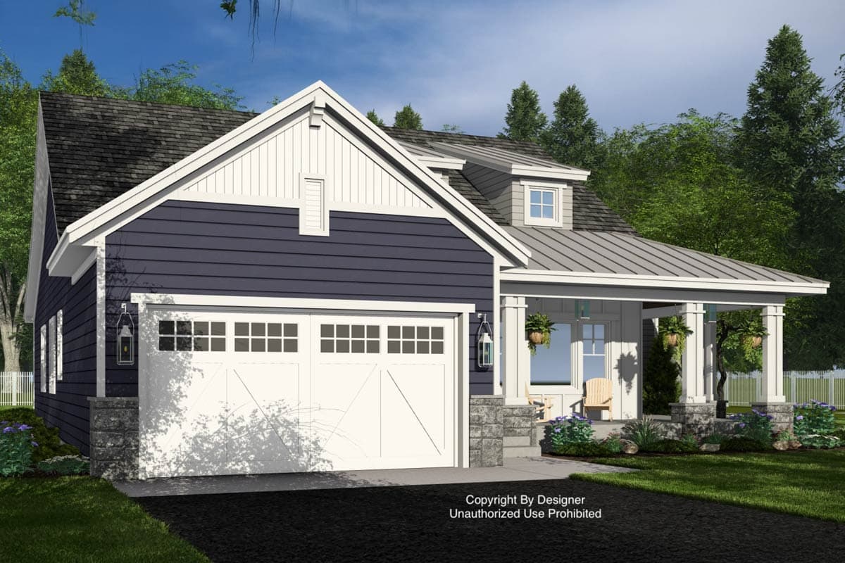 Modern Farmhouse house plan exterior with a two-car garage, gables, covered front porch, and dormer.