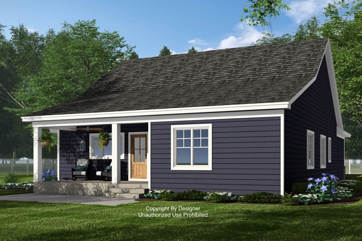 Ranch style house plan exterior with a covered front porch, dark siding, and a gabled roof.