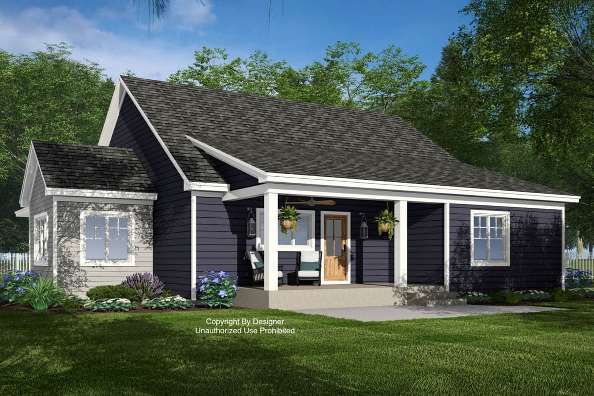 House plan exterior: One-story Modern Farmhouse with covered front porch, gabled roofline, and siding.