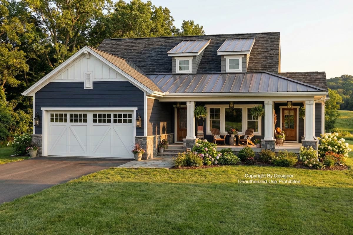A two-story house with a blue exterior and white trim, featuring a garage and a covered porch. Lush landscaping surrounds the property.