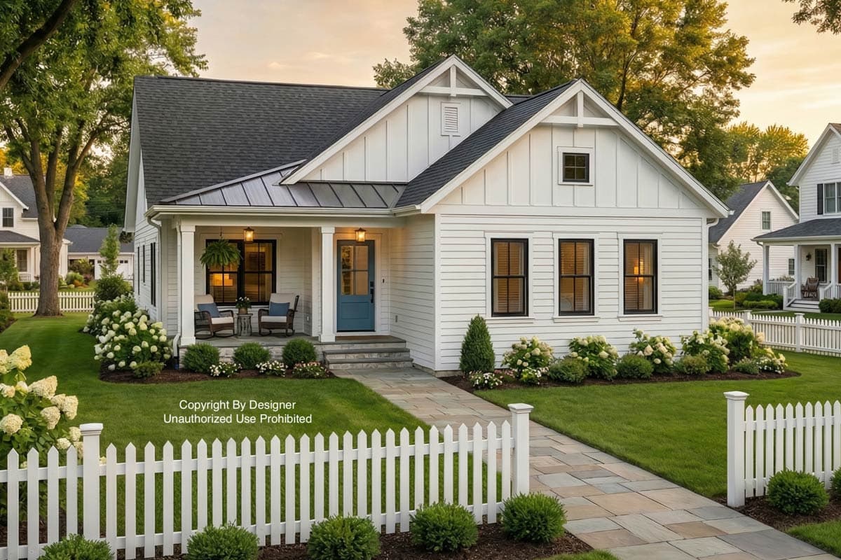 A charming white house with a blue front door, black trim, and a welcoming porch. A white picket fence lines the front yard with green lawn.
