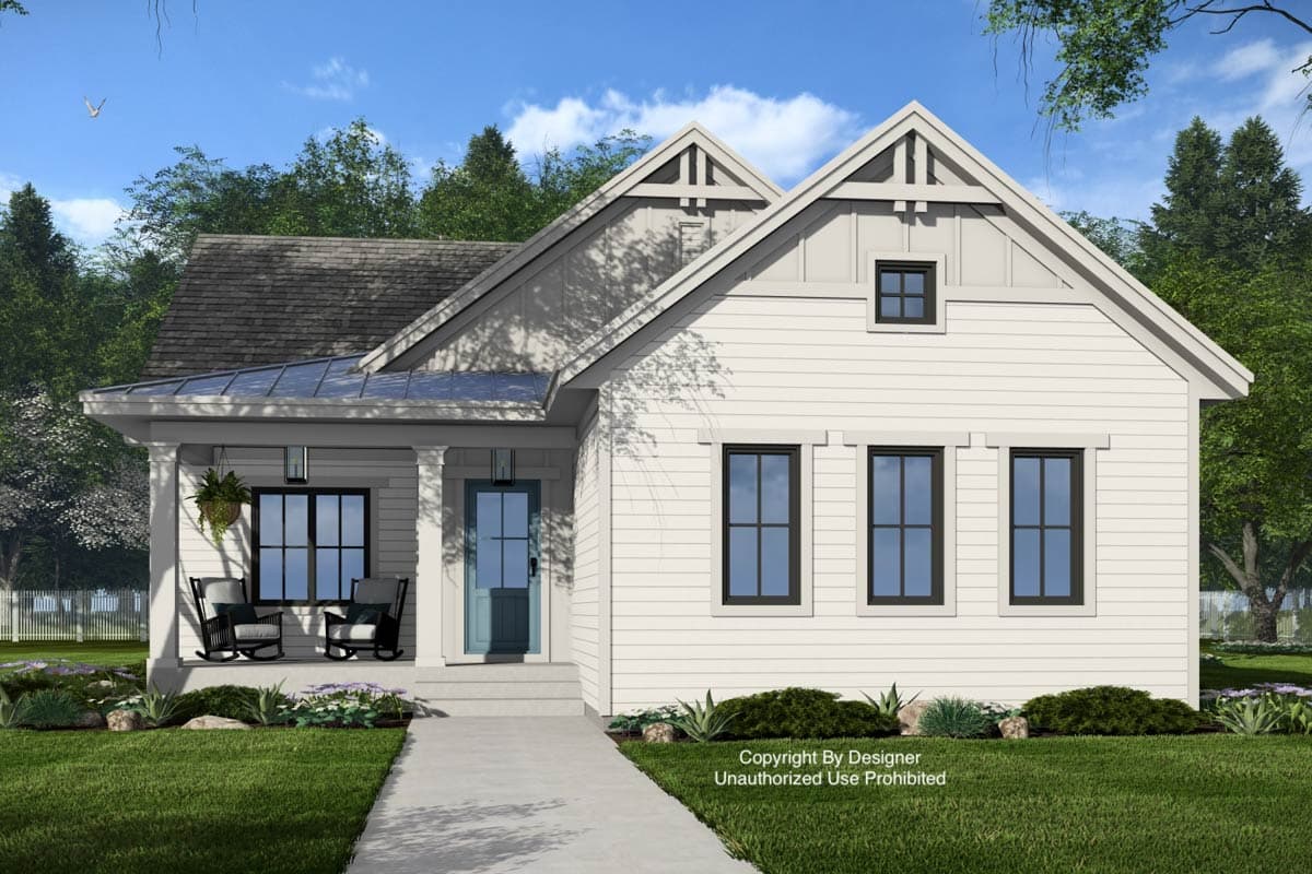 House plan exterior: Modern Farmhouse style, one story, with covered front porch, gable with decorative truss, and board and batten siding.