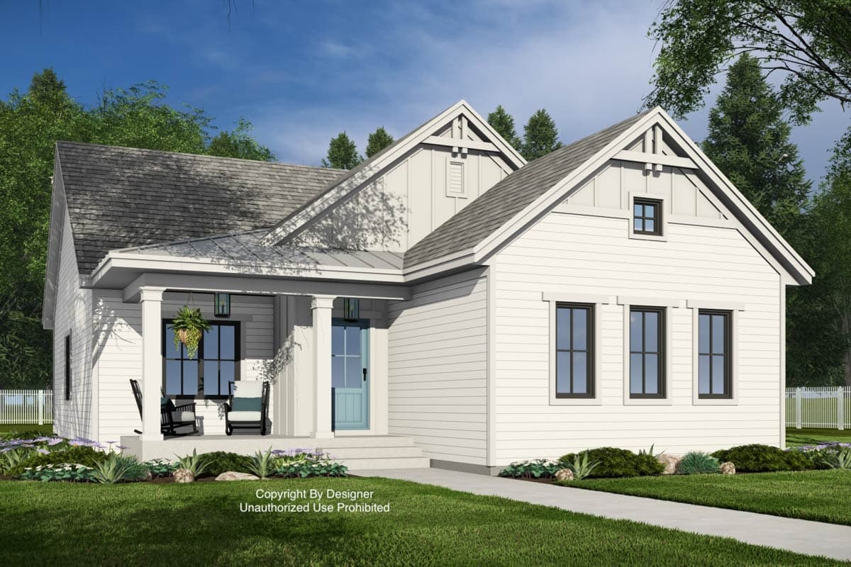 House plan exterior: One-story Modern Farmhouse with covered front porch, gabled dormer, and board and batten siding.