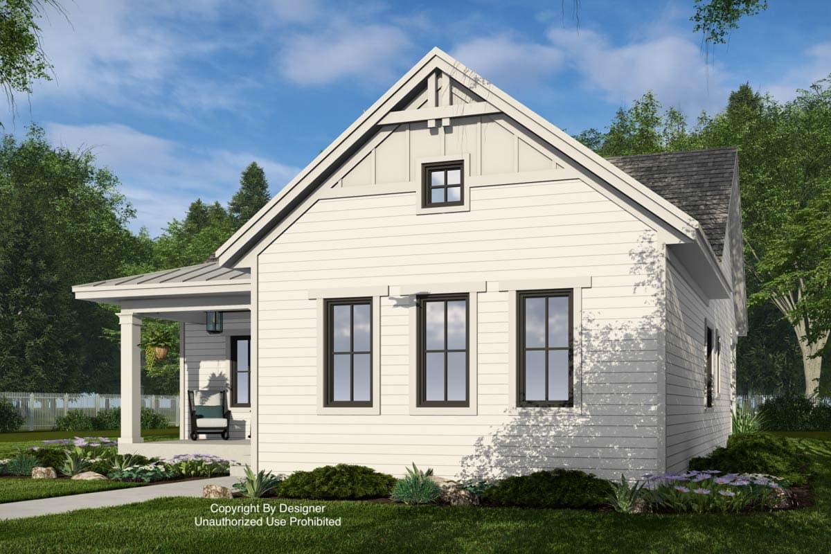 Modern Farmhouse style house plan exterior with a gable roof, front porch with metal roof, and board and batten siding.