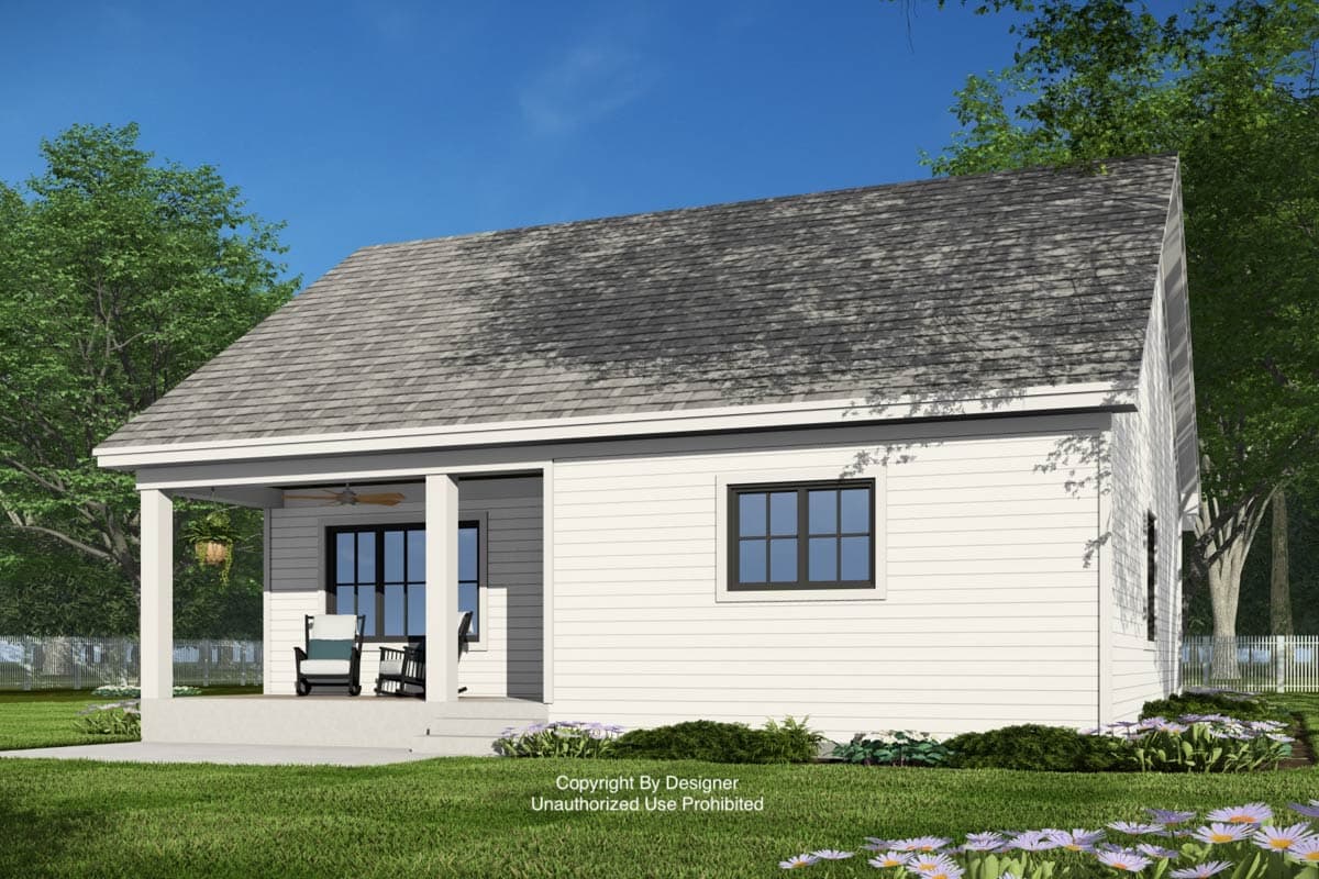 House plan exterior with a covered porch, two pillars, gabled roof, and white horizontal siding.