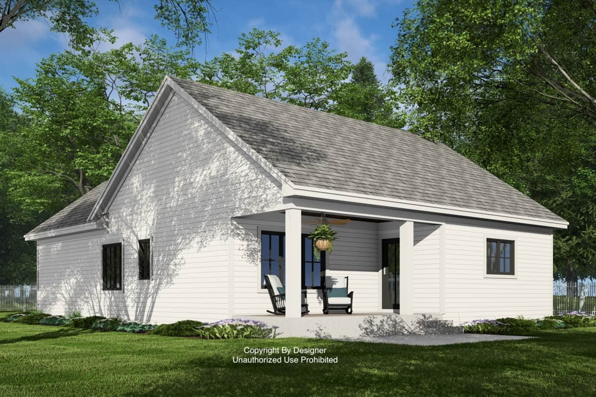 House plan exterior: One-story Modern Farmhouse with gable roof, covered front porch with columns, and horizontal siding.