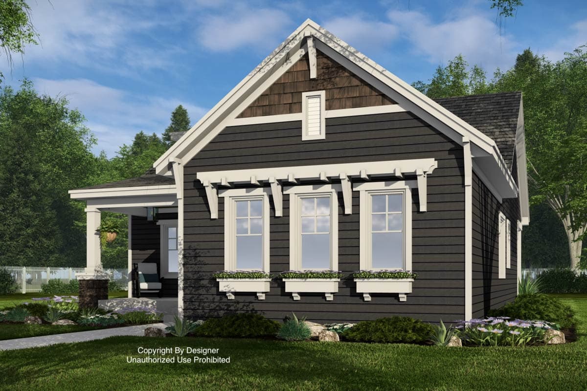 House plan exterior with a prominent gable, dormer, porch, and three windows with flower boxes.
