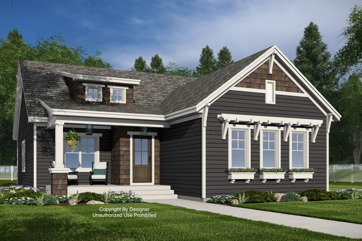 Craftsman style house plan exterior with a front porch, dormer windows, gables, and multiple facade windows with flower boxes.