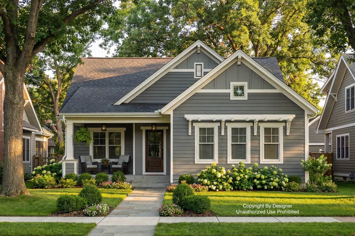 A charming gray house with white trim, a welcoming front porch, and a well-manicured lawn. Hydrangeas and bushes line the pathway to the front door.