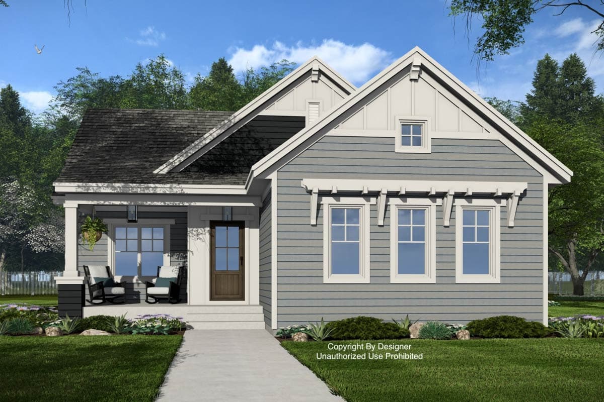 House plan exterior: Craftsman style, 1.5 stories, with covered porch, gables, and multiple windows with decorative brackets.
