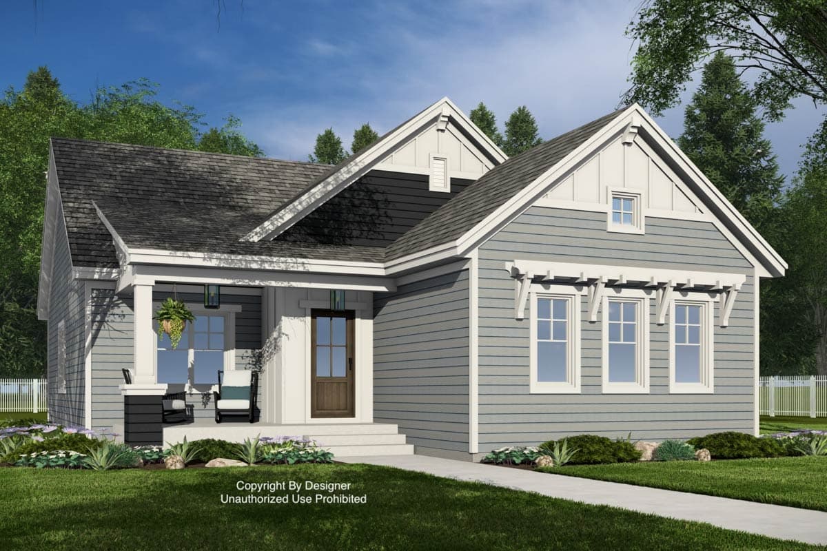 Craftsman house plan exterior with a covered front porch, gables, board and batten siding accents, and dormer.