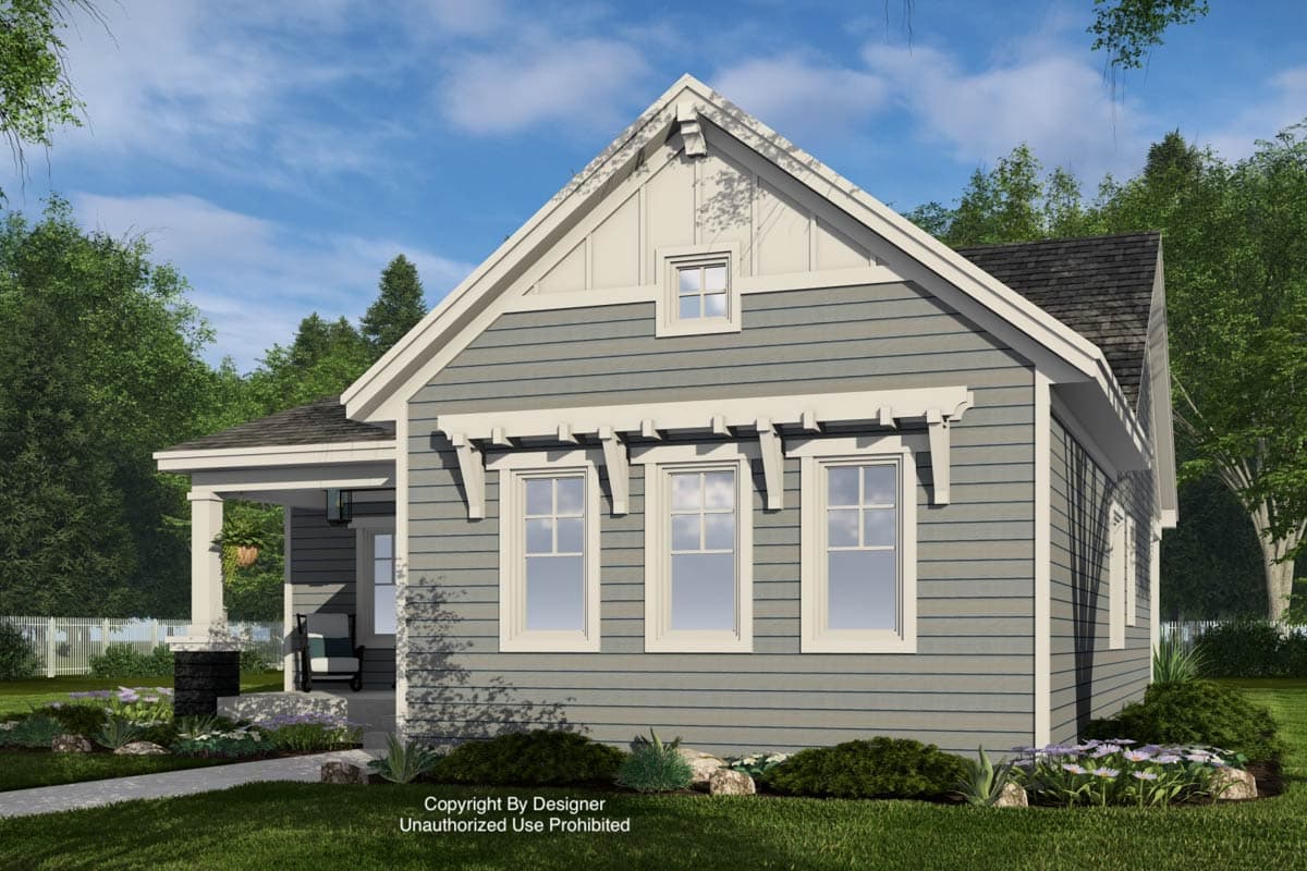 House plan exterior: Cottage style, one story, with gabled dormer, covered front porch, and three arched-support windows.