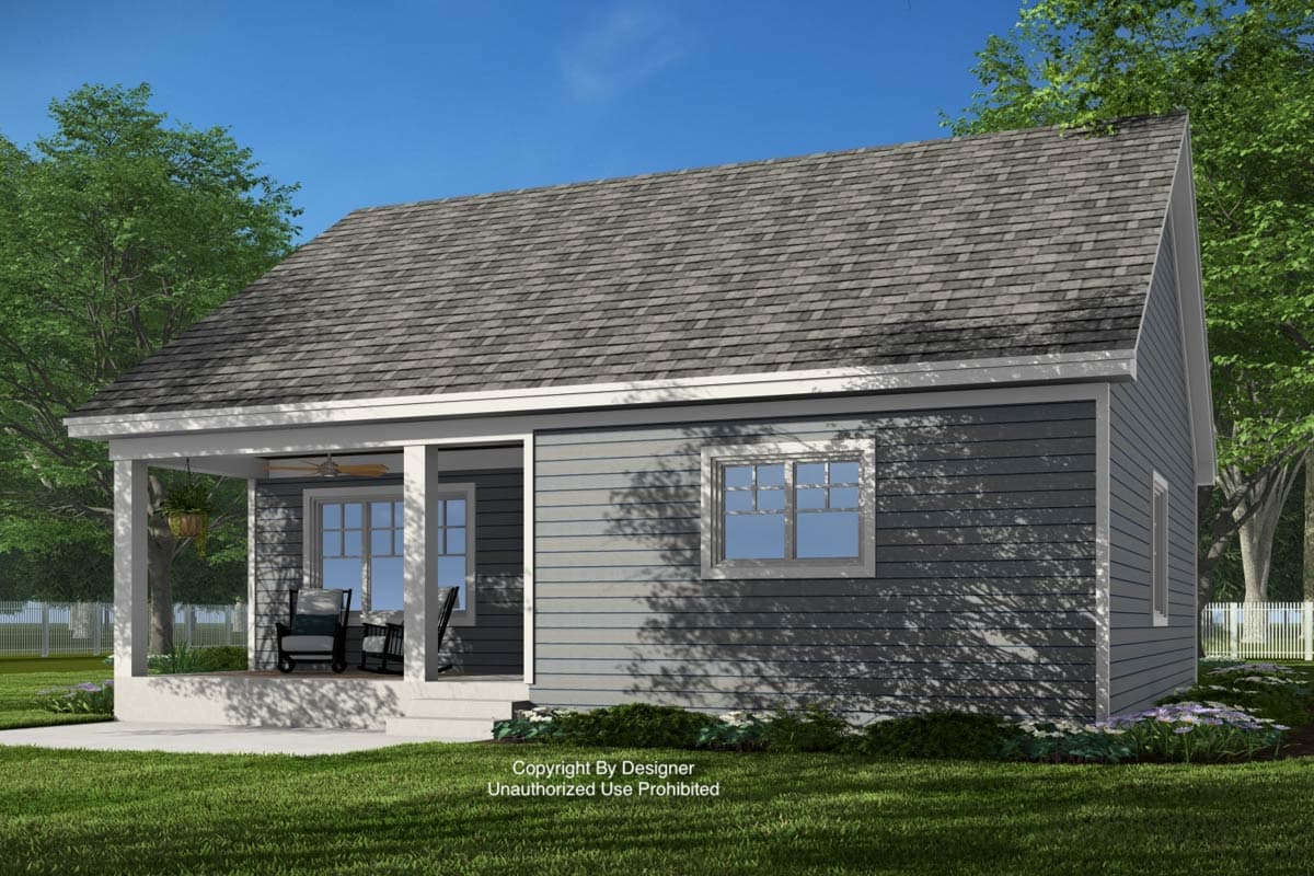 House plan exterior: One-story home with covered front porch, gray siding, gabled roof, and multiple windows.