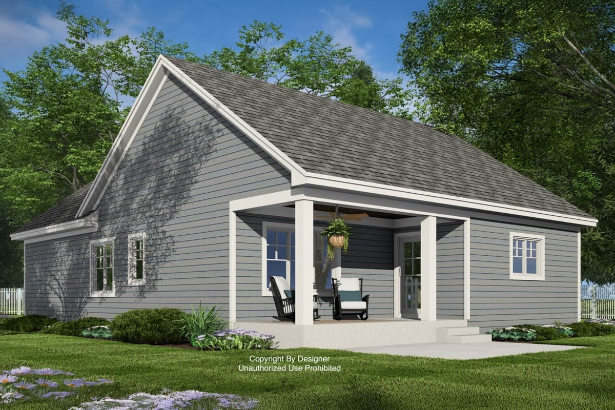 House plan exterior, single story, gray siding, gabled roof, and covered front porch with white columns.