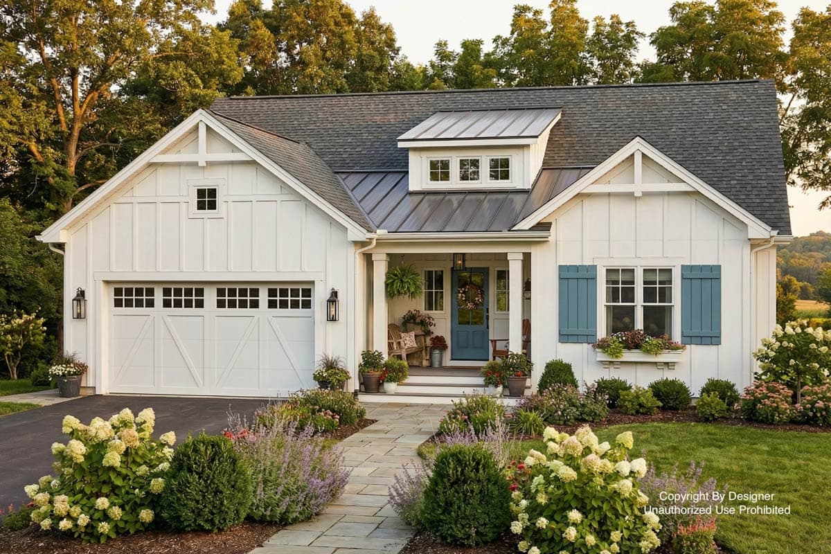 A charming white farmhouse with blue shutters, a blue front door, and a stone walkway leading up to a welcoming porch adorned with flowers.