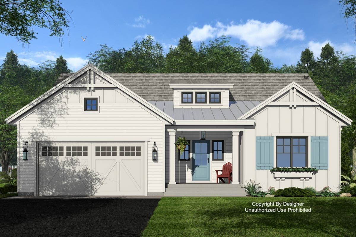 Modern Farmhouse house plan exterior with attached two-car garage, gabled dormer, and covered front porch.