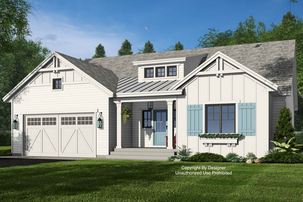 Modern Farmhouse house plan exterior with a two-car garage, gable dormer, covered porch, and board-and-batten siding.