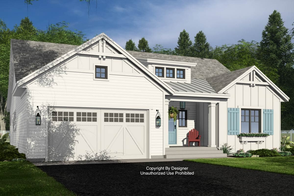 House plan exterior: Modern Farmhouse style, two-story with attached garage, gabled dormer, porch with columns, and decorative shutters.