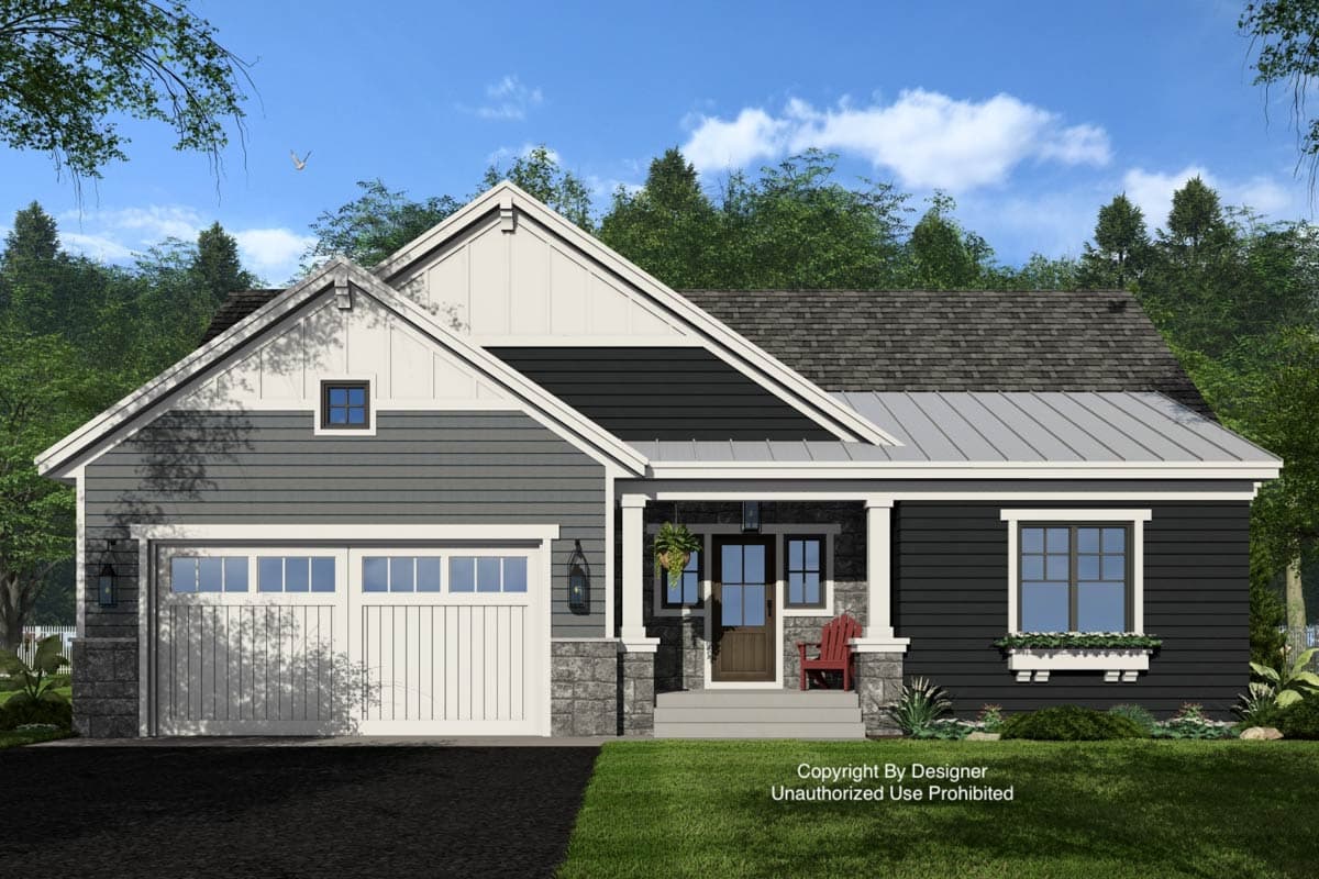 Modern Farmhouse house plan exterior with a two-car garage, covered front porch, and gable rooflines.