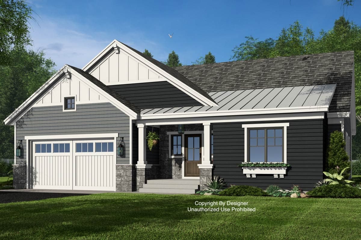 Modern Farmhouse house plan exterior with board-and-batten gables, metal roof, covered entry porch, and a two-car garage.