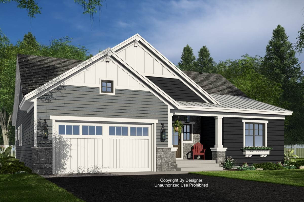 Modern Farmhouse house plan exterior, 1.5 stories, with attached garage, prominent gables, and covered front porch.