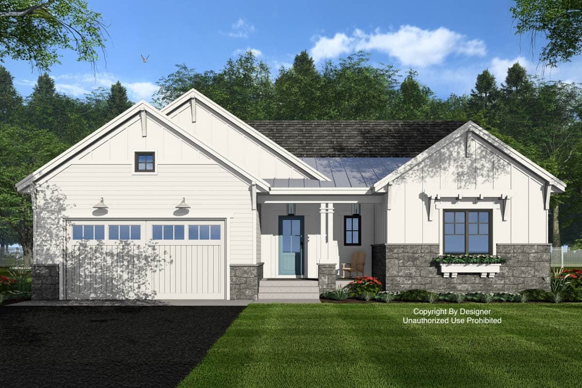 Modern Farmhouse house plan exterior with white board-and-batten siding, stone accents, gables, and covered entry.