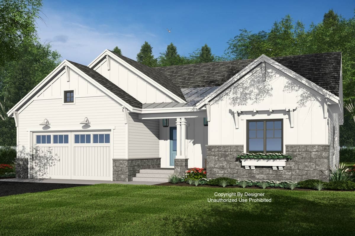 House plan exterior: Modern Farmhouse style, one story, white siding, stone base, gabled roof, two-car garage, and covered entry.