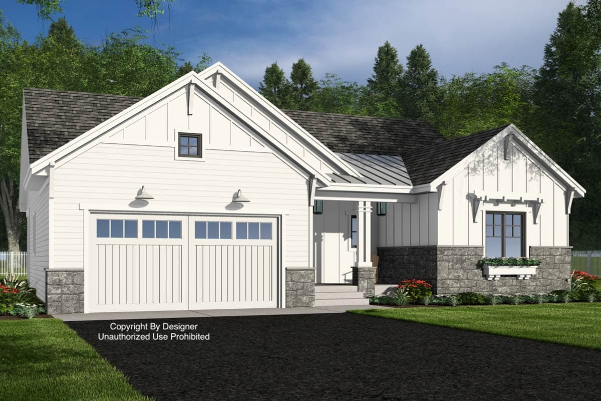 House plan exterior: Modern Farmhouse style, one story, with a two-car garage, board and batten siding, and stone accents.