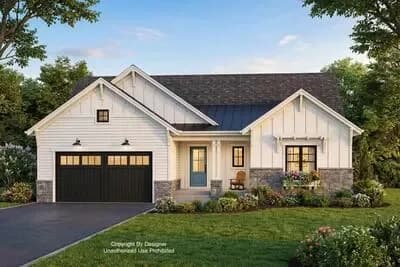 Single-Story New American House Plan with Grill Porch and Pocket Office - 1701 Sq Ft
