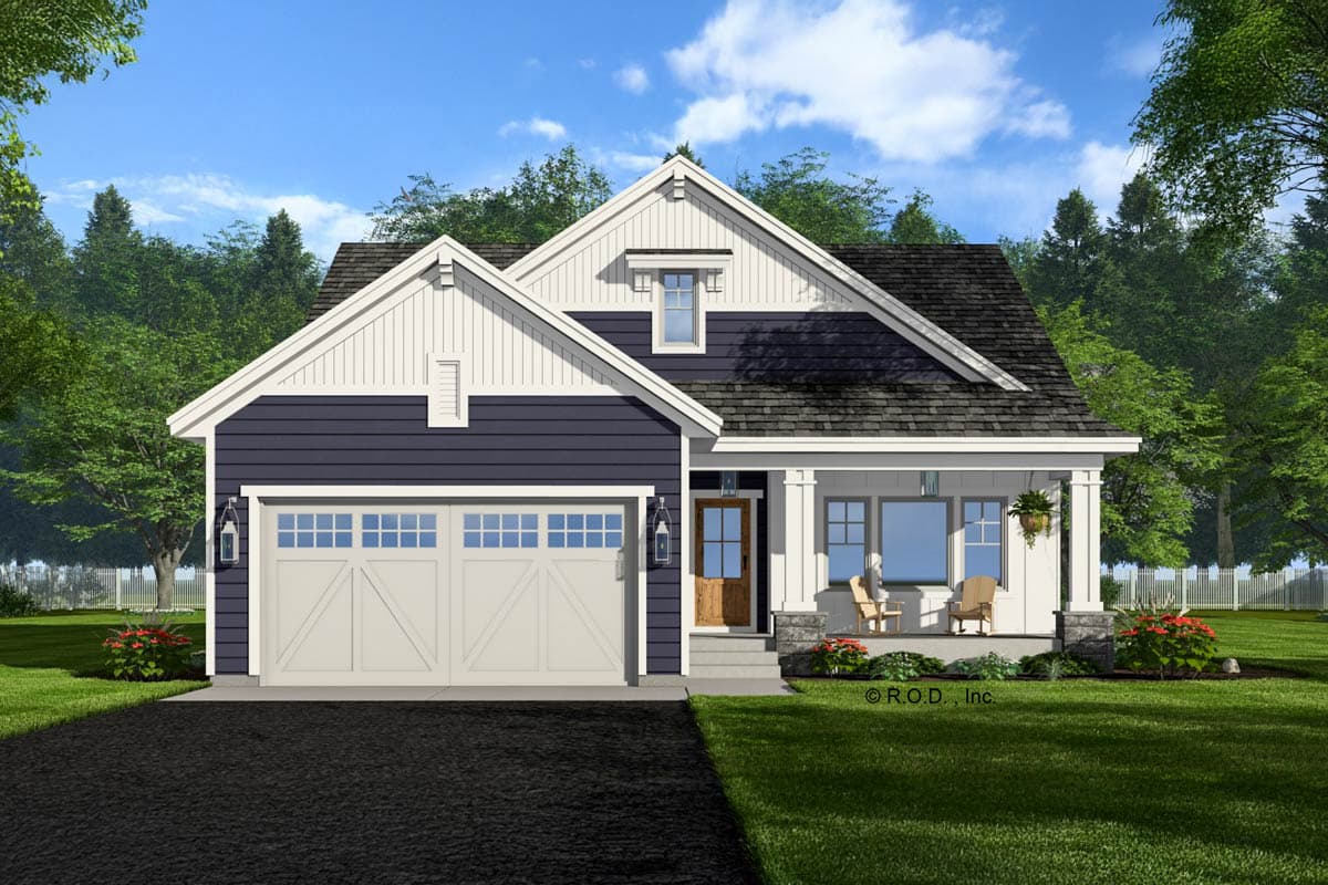 House plan exterior of a two-story Modern Farmhouse with a front-facing garage, gable dormer, and covered front porch.