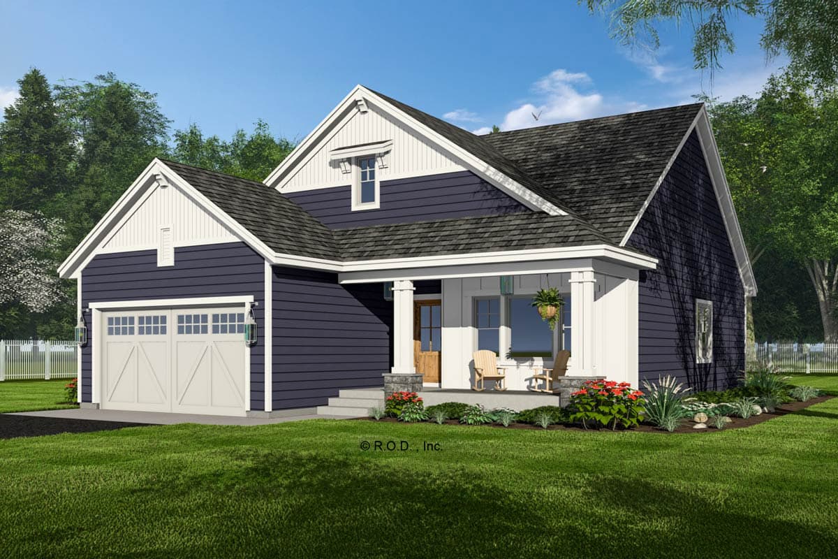 House plan exterior: Modern Farmhouse style, one story, with a prominent front porch, side-entry garage, and gabled dormer.