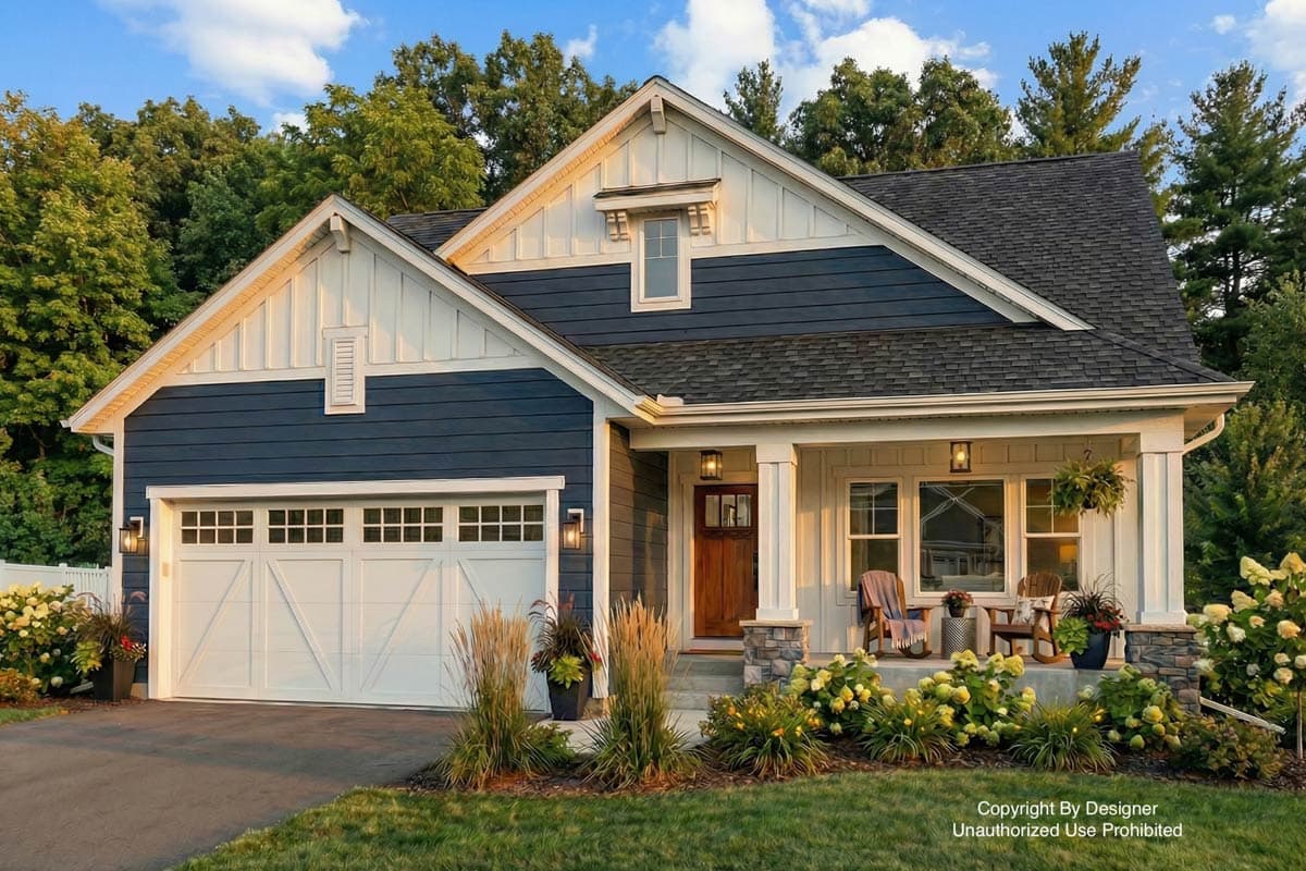 A craftsman-style house with a blue exterior, white trim, and a welcoming front porch with rocking chairs and lush landscaping.