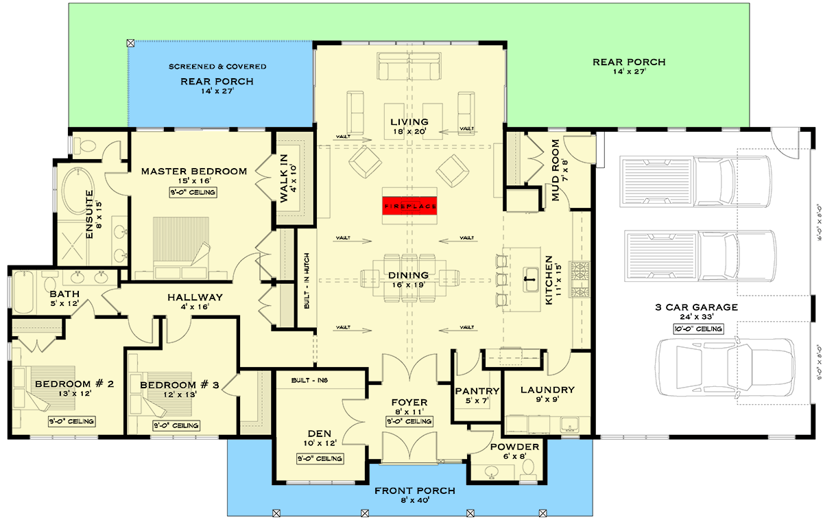 Plan 147028RML: 3-Bed Traditional Ranch House Plan with Den or Office - 2439 Sq Ft - Floor Plan - Main Level - Craftsman, Ranch, Traditional