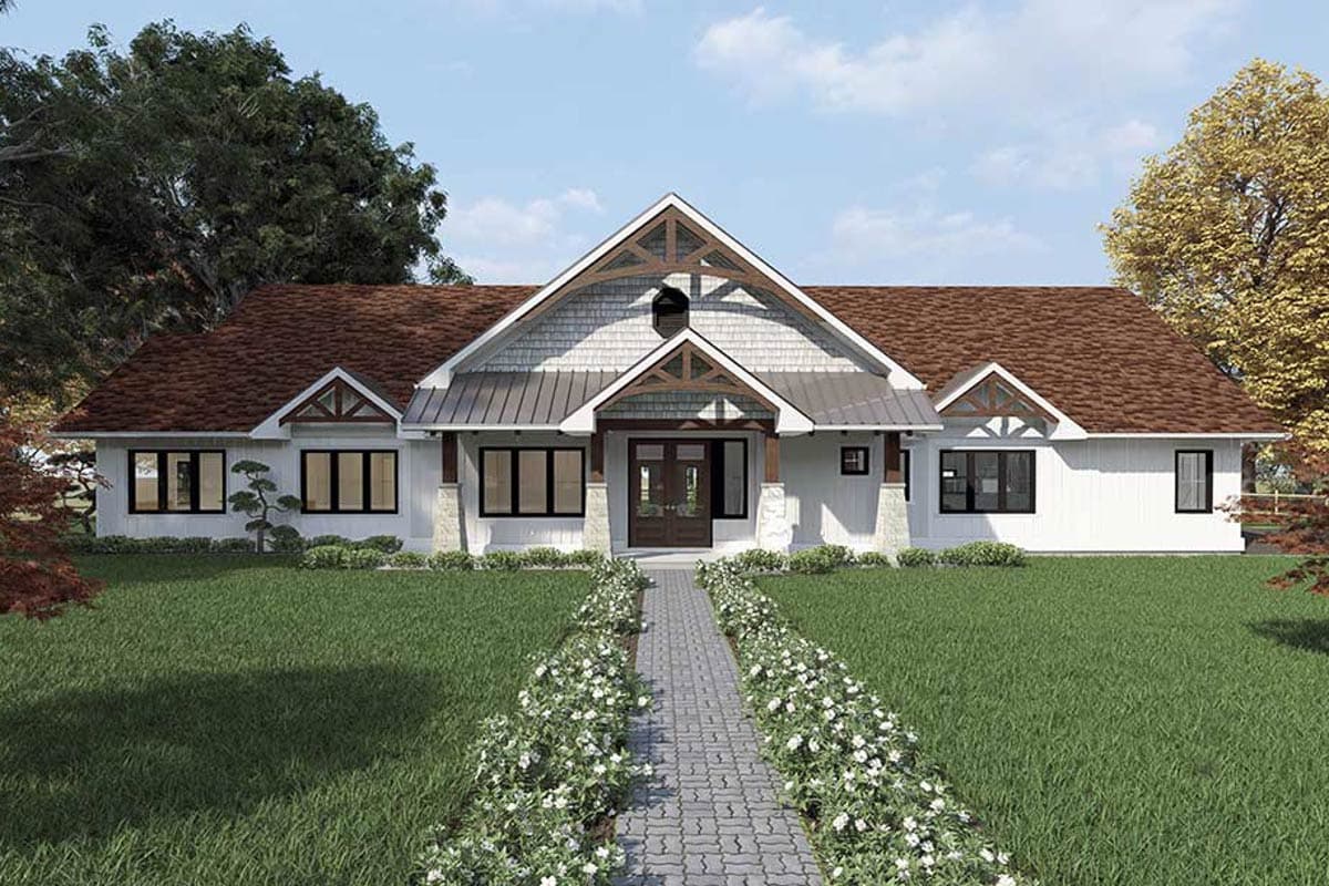 House plan exterior. Farmhouse style with a gabled roof, exposed wood detailing, and a covered porch. Features multiple gables and a stone walkway.