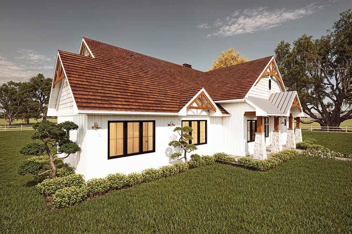 House plan exterior: Modern Farmhouse style with gabled dormers, wooden beams, white siding, and stone-accented porch columns.