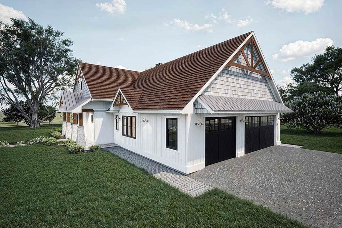 Modern Farmhouse house plan exterior with a prominent gable, a 2-car garage, and natural wood accents.