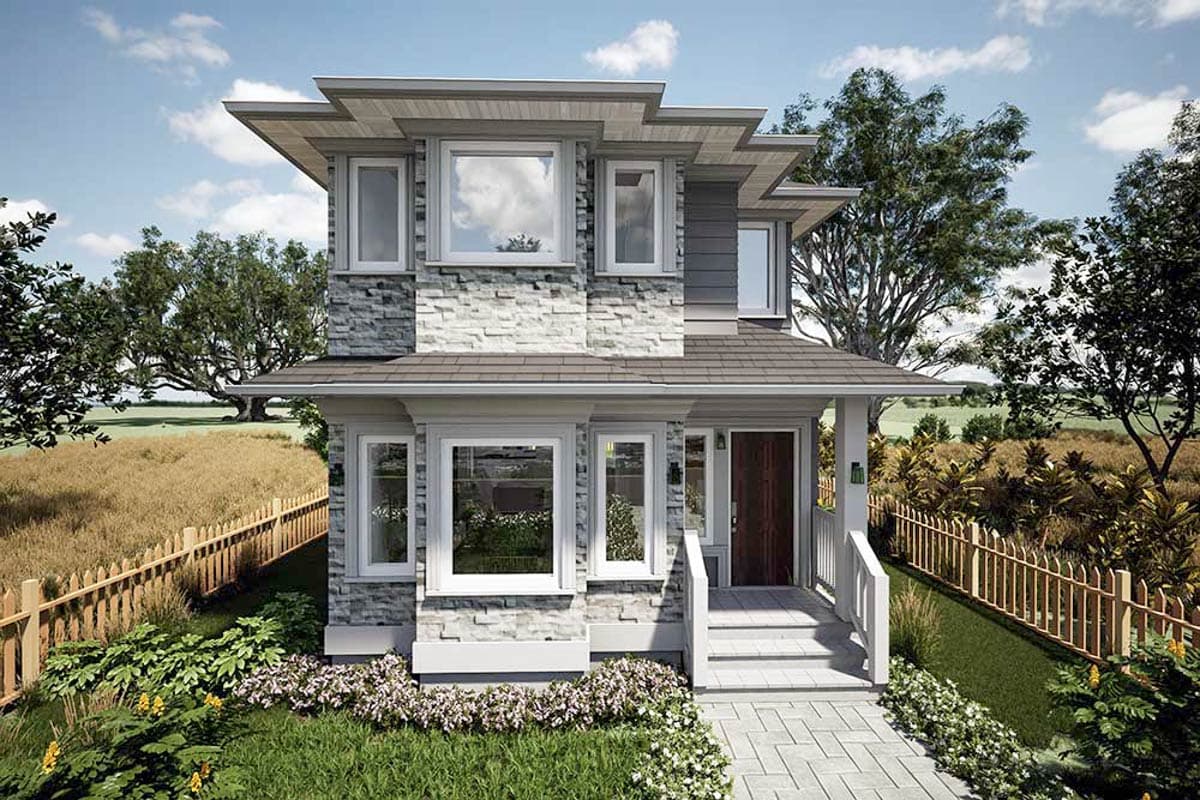 House plan exterior. Two-story house in a modern style with stacked stone facade. Features include a covered porch, flat roof, and multiple windows.