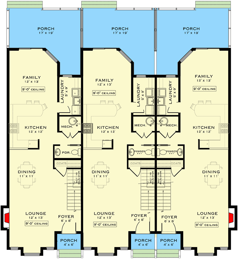 Plan 147030RML: Two-Story Contemporary Triplex Plan with 1700 Sq Ft Units - Floor Plan - Main Level - Contemporary