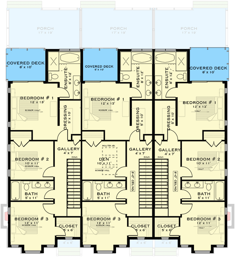 Plan 147030RML: Two-Story Contemporary Triplex Plan with 1700 Sq Ft Units - Floor Plan - 2nd Floor - Contemporary