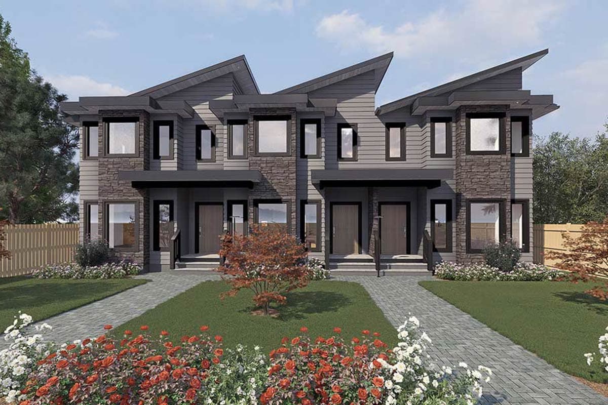 House plan exterior. Two-story modern design with angular rooflines, stone veneer accents, and covered entryways. Two adjacent units are shown.