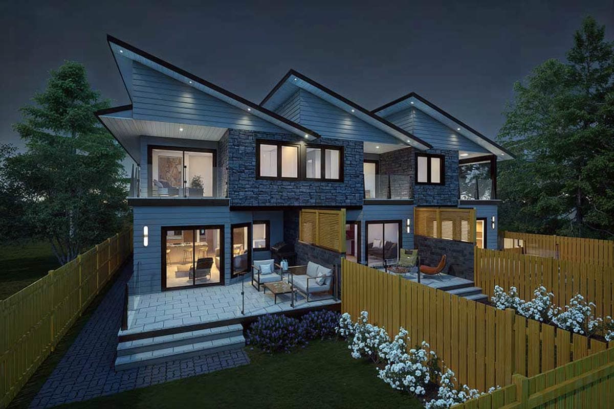 Modern house plan exterior with angled rooflines, stone and siding facade, balconies, and patios.