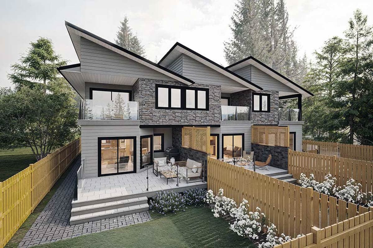 Modern house plan exterior featuring asymmetric gables, stone accents, balconies, and multiple patios.