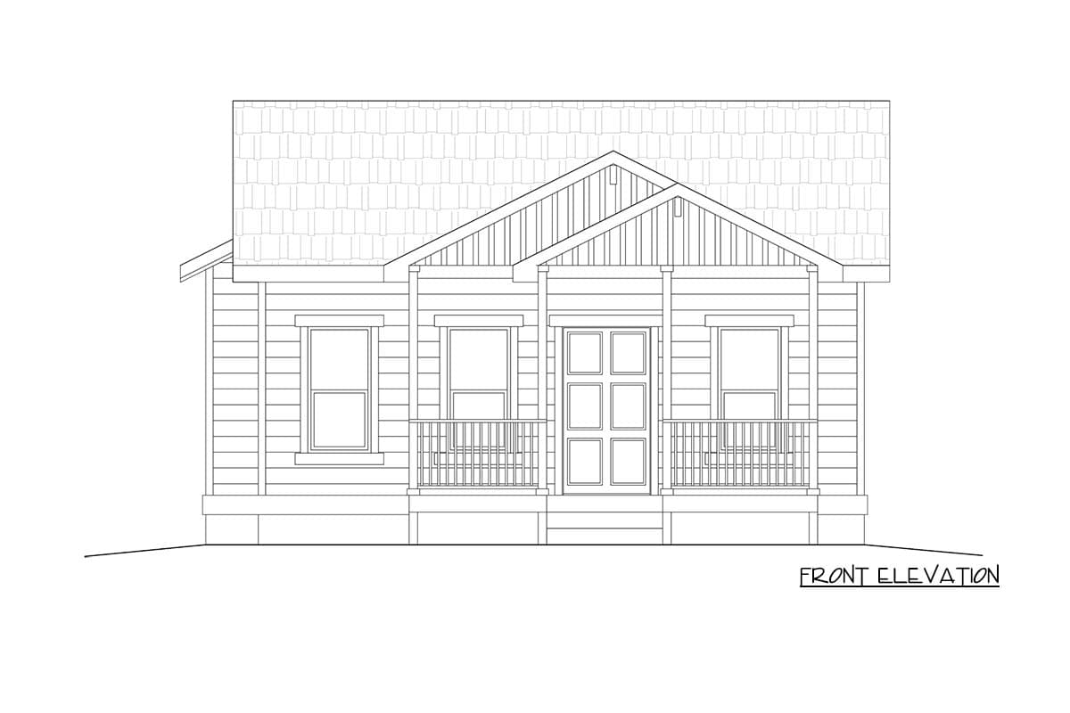 Front elevation of a one-story house plan with a gable roof, porch, and double front doors.